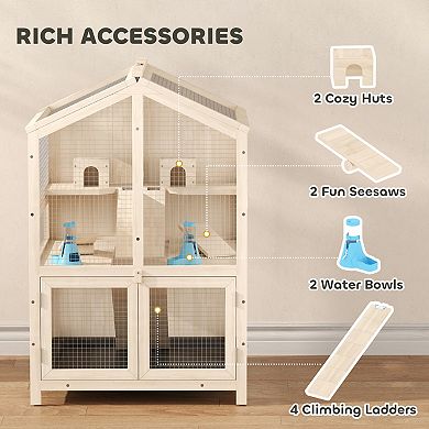 PawHut Wooden Hamster Cage 3 Tier with Pull-Out Tray, Hut, Seesaws, Ramps
