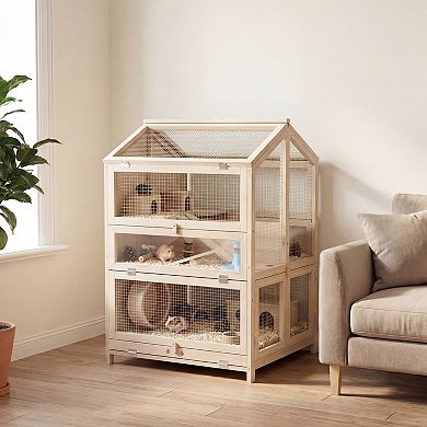 PawHut Wooden Hamster Cage 3 Tier with Pull-Out Tray, Hut, Seesaws, Ramps