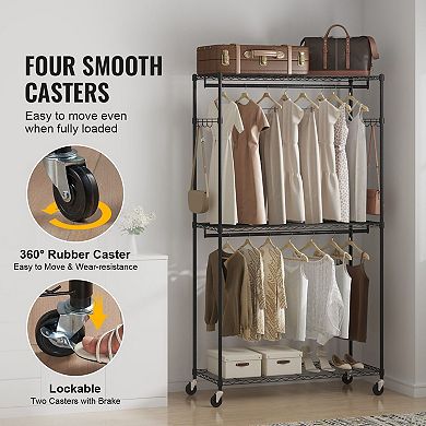 Heavy-Duty Rolling Clothes Rack with 2 Hanging Rods and 3 Storage Shelves