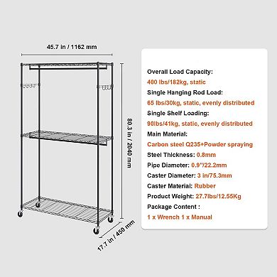 Heavy-Duty Rolling Clothes Rack with 2 Hanging Rods and 3 Storage Shelves