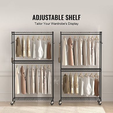 Heavy-Duty Rolling Clothes Rack with 2 Hanging Rods and 3 Storage Shelves