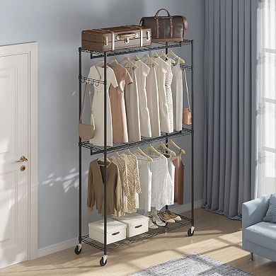 Heavy-Duty Rolling Clothes Rack with 2 Hanging Rods and 3 Storage Shelves