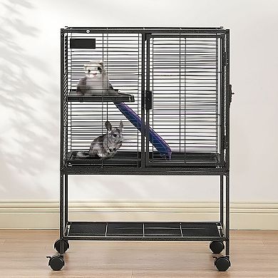 Multi-Use Small Animal Habitat Cage with Ramp and Locking Wheels