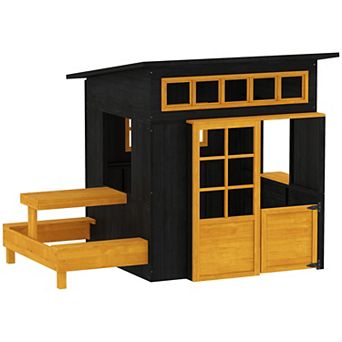 Qaba Kids Outdoor Playhouse, Wooden Kids Playhouse w/ Picnic Table
