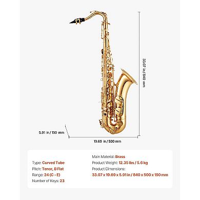 Beginner Tenor Saxophone B Flat, 23-Key Brass Instrument with Carrying Case