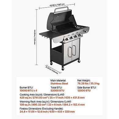 4-Burner Propane Gas Grill with Side Burner and Warming Rack Stainless Steel