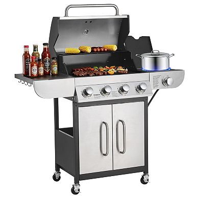 4-Burner Propane Gas Grill with Side Burner and Warming Rack Stainless Steel