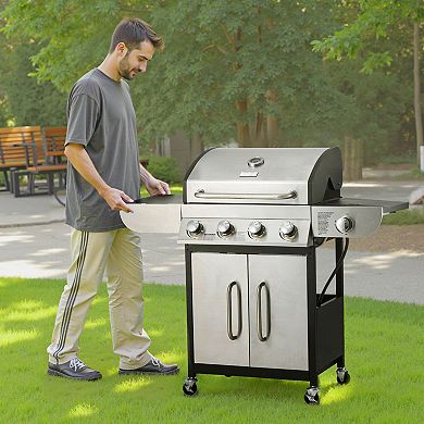 4-Burner Propane Gas Grill with Side Burner and Warming Rack Stainless Steel