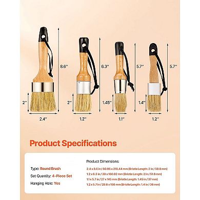 4-Piece Paint Brush Set for Chalk Wax, Furniture, Walls, Cabinets