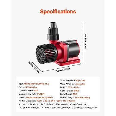 3-in-1 Aquarium Pump with Wave Modes,Suction Cups 60W Motor, Max Lift