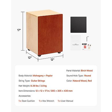 Compact Cajon Drum Box with Guitar Strings, Seated Hand Percussion Instrument
