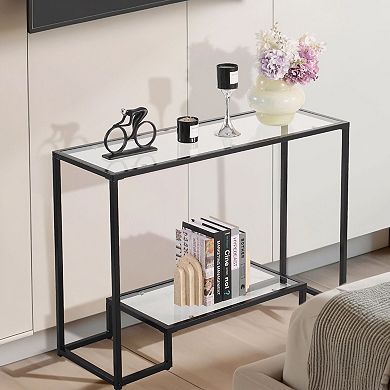 Entryway Console Table with Tempered Glass Shelves and Metal Frame