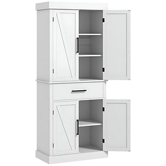 Tall Pantry Cabinet with Barn Doors, Adjustable Shelves and Drawer