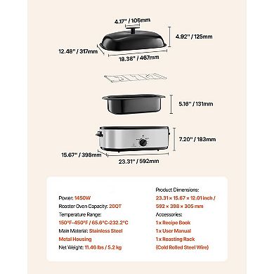 20QT Electric Roaster Oven with Adjustable 150450℉ Temp and 1450W Power