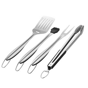 4 pc Stainless Steel BBQ Tool Set with Spatula, Fork, Tongs, and Brush