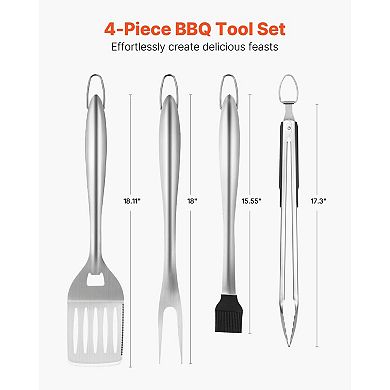 4-Piece Stainless Steel BBQ Tool Set with Spatula, Fork, Tongs, and Brush