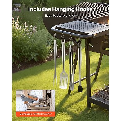 4-Piece Stainless Steel BBQ Tool Set with Spatula, Fork, Tongs, and Brush