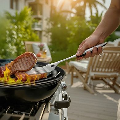 4-Piece Stainless Steel BBQ Tool Set with Spatula, Fork, Tongs, and Brush