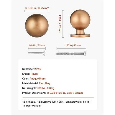 12-Pack Zinc Alloy Cabinet Knobs in Antique Brass for Kitchen and Bathroom