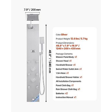 4-in-1 Shower Panel Tower with Rainfall, Body Jets, Handheld, Bathtub Spout