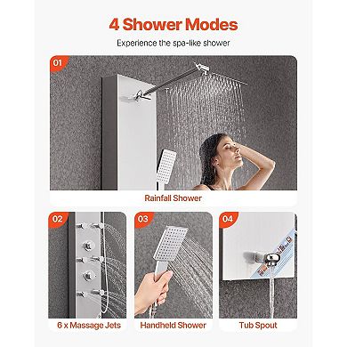 4-in-1 Shower Panel Tower with Rainfall, Body Jets, Handheld, Bathtub Spout