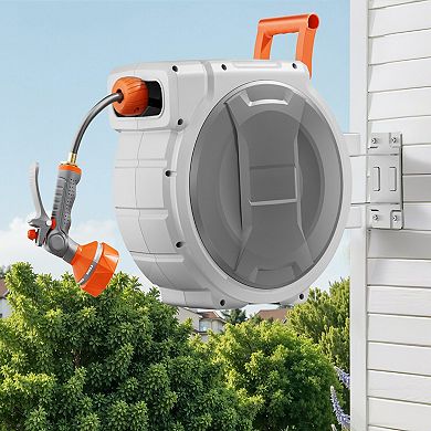 Retractable Wall-Mount Hose Reel with 9-Pattern Nozzle and Swivel Bracket
