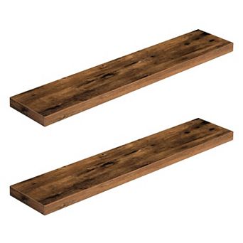 Set of 2 Floating Wall Shelves, Solid Wood with Concealed Iron Frame for Bedroom or Living Room