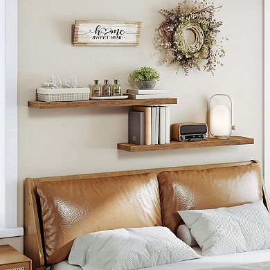 Set of 2 Floating Wall Shelves, Solid Wood with Concealed Iron Frame for Bedroom or Living Room