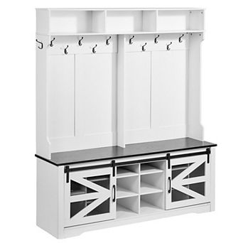 Entryway Storage Hall Tree with Bench, 12 Hooks, Shoe Cubes and USB Light