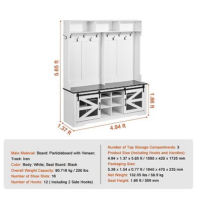 Entryway Storage Hall Tree with Bench, 12 Hooks, Shoe Cubes and USB Light