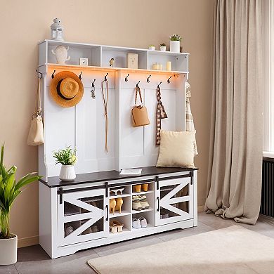 Entryway Storage Hall Tree with Bench, 12 Hooks, Shoe Cubes and USB Light