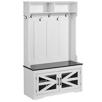 Entryway Storage Bench with 10 Shoe Compartments, Coat Hooks, and Shelves