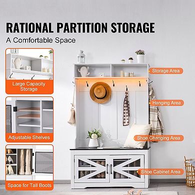 Entryway Storage Bench with 10 Shoe Compartments, Coat Hooks, and Shelves