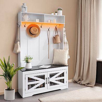 Entryway Storage Bench with 10 Shoe Compartments, Coat Hooks, and Shelves