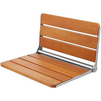 Folding Wall Shower Seat with Wooden Seat and Stainless Steel Support, Bathroom Safety