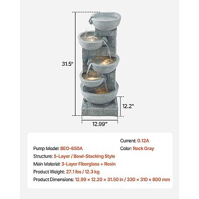Compact 5-Tier Outdoor Indoor Water Fountain with LED Lights