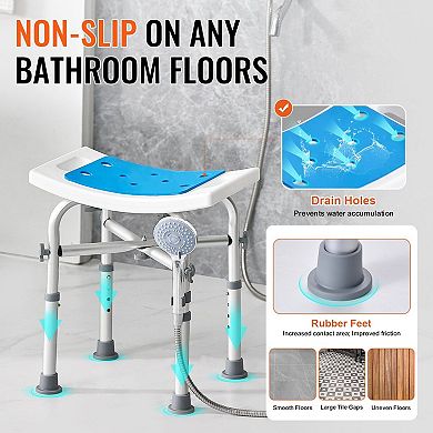 Adjustable Shower Stool with Support Bars, Cushion, Storage Bag, and Shower Head Holder