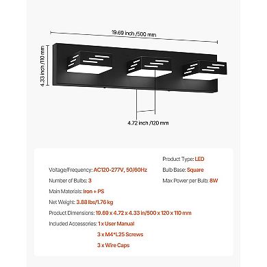 3-Light LED Bathroom Vanity Fixture with 360° Adjustable Lamp Heads