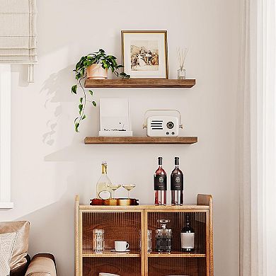Set of 2 Floating Wall Shelves, Solid Wood with Concealed Iron Support for Bedroom or Living Room