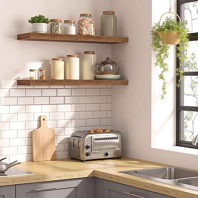 Set of 2 Floating Wall Shelves, Solid Wood with Concealed Iron Support for Bedroom or Living Room