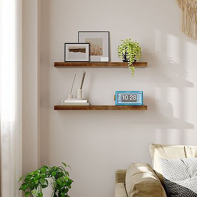 Set of 2 Floating Wall Shelves, Solid Wood with Concealed Iron Support for Bedroom or Living Room