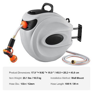 Retractable Wall-Mount Hose Reel with Auto Rewind and Swivel Bracket