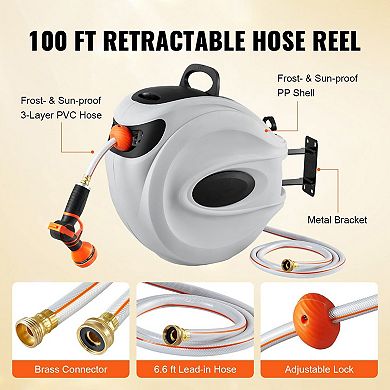 Retractable Wall-Mount Hose Reel with Auto Rewind and Swivel Bracket