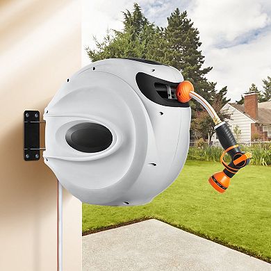 Retractable Wall-Mount Hose Reel with Auto Rewind and Swivel Bracket