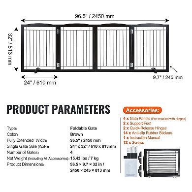 Freestanding Wooden Dog Gate Adjustable Width with Foldable Panels