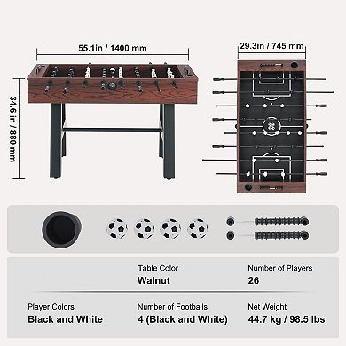 Adjustable 55 inch Foosball Table with Smooth Rods, 26 Players, and 4 Balls