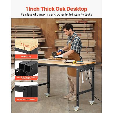 Heavy-Duty Workbench with Steel Frame Oak Surface for Garage Workshop