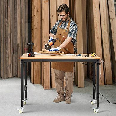 Heavy-Duty Workbench with Steel Frame Oak Surface for Garage Workshop