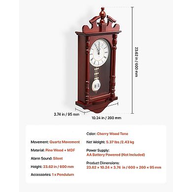 Grandfather-Style Wall Clock with Pendulum, Pine Wood