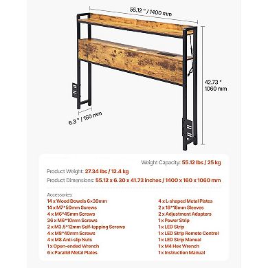 Bed Headboard with LED Lights, USB Charging, and Adjustable Feet